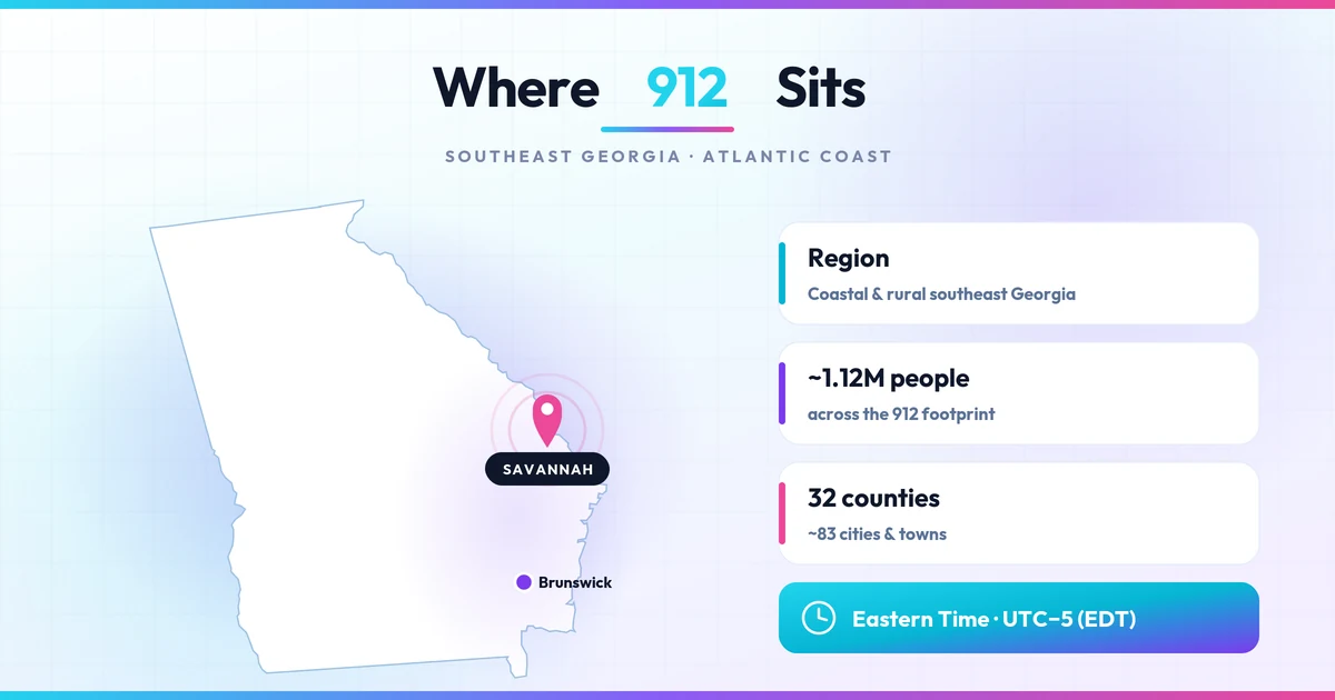 Georgia map showing the 912 area code region with Savannah and Brunswick pins on the southeast coast
