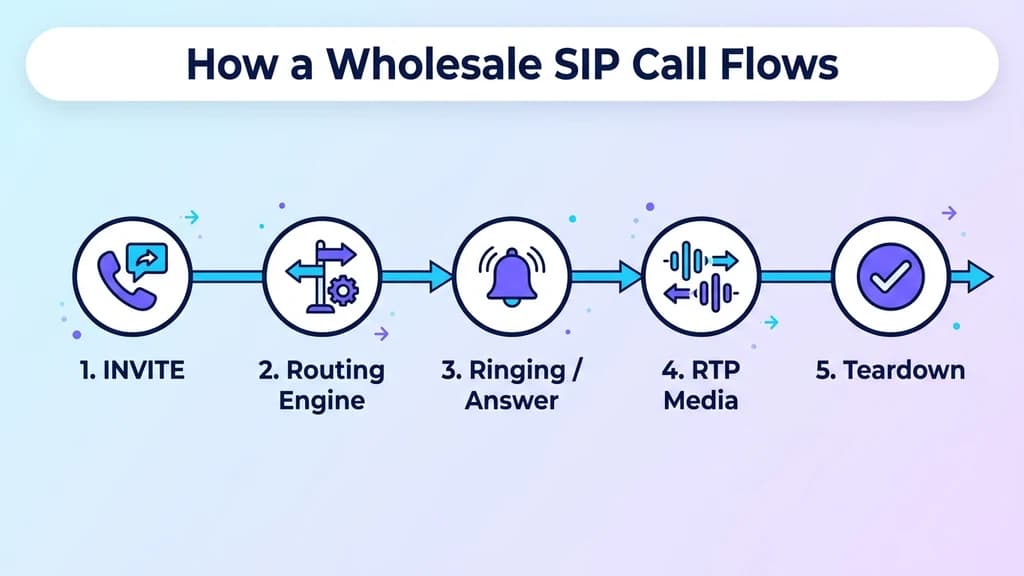 Wholesale SIP termination call flow from originating SIP trunk through the carrier's routing engine to the destination network