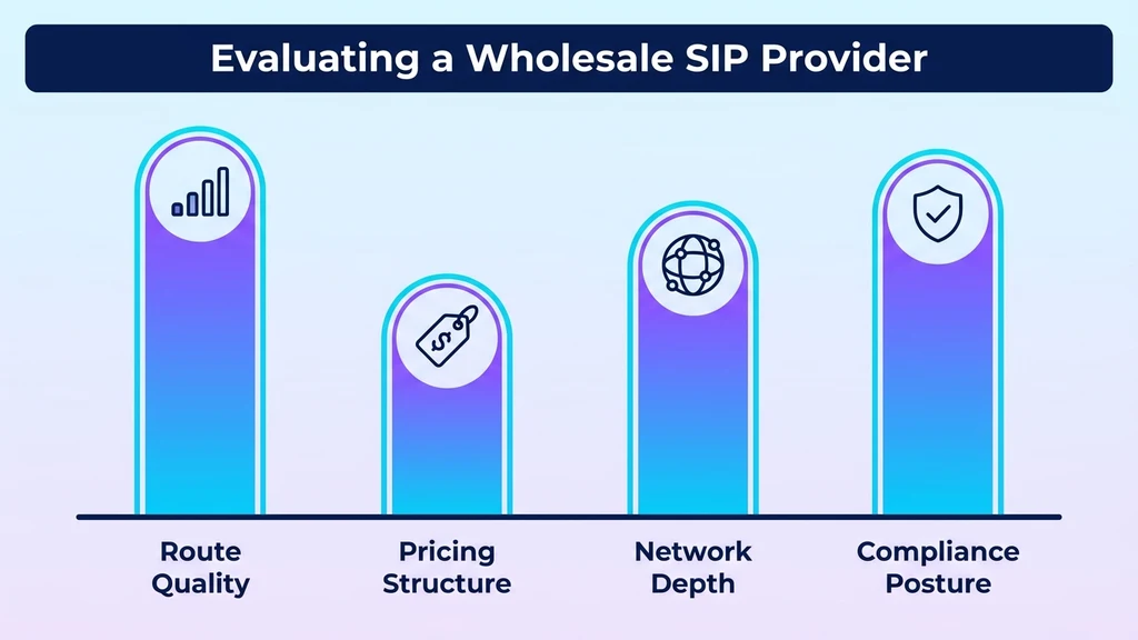Four-pillar evaluation framework for choosing a wholesale SIP termination provider: route quality, pricing structure, network depth, and compliance posture