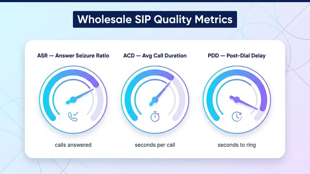 Wholesale SIP termination quality dashboard showing ASR, ACD, and PDD metrics used to grade carrier routes