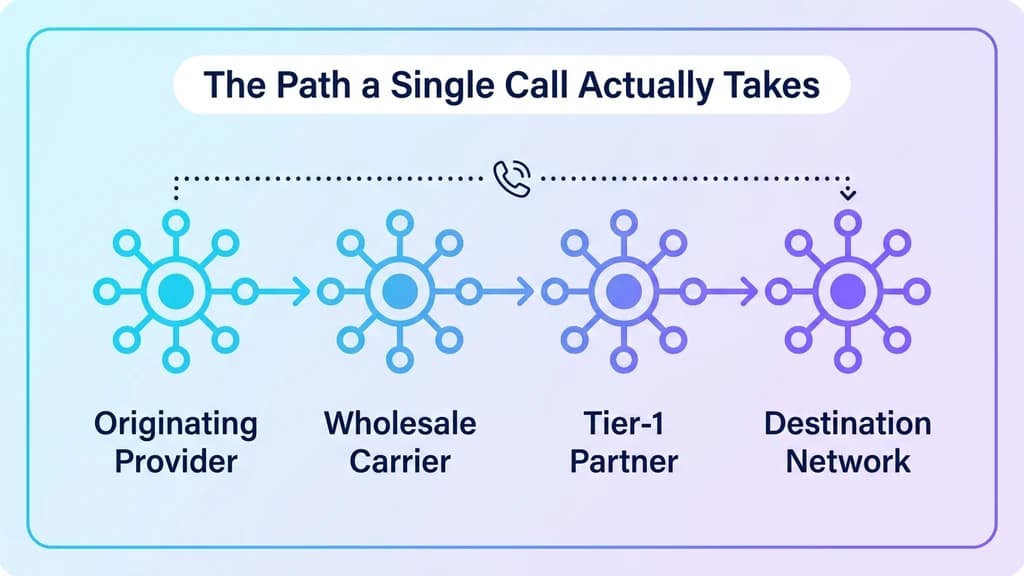 A single call passing through multiple wholesale carriers before reaching the destination network, shown as a multi-hop path