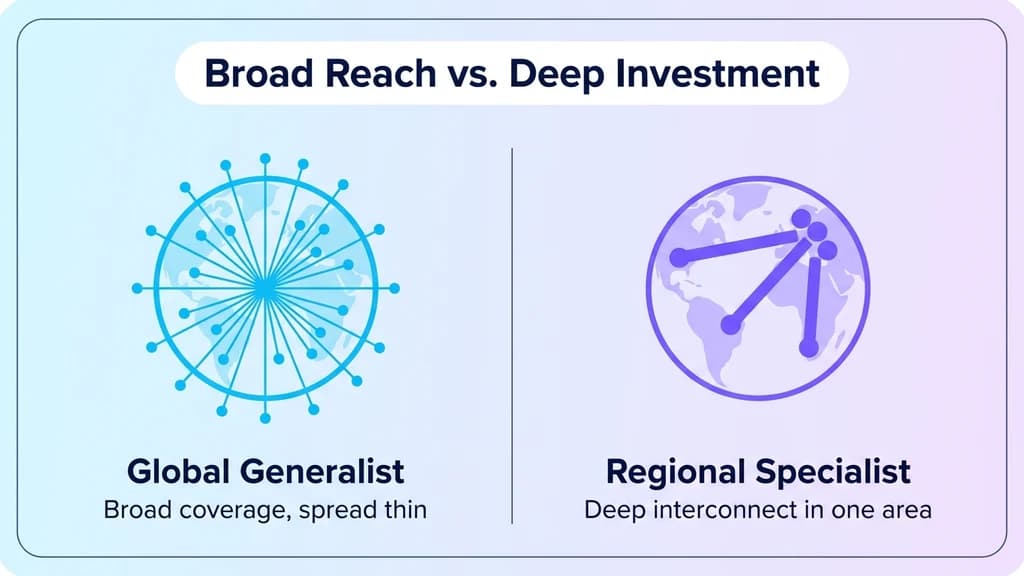 Split panel comparing a globe with spread-thin connections against one with concentrated regional connections