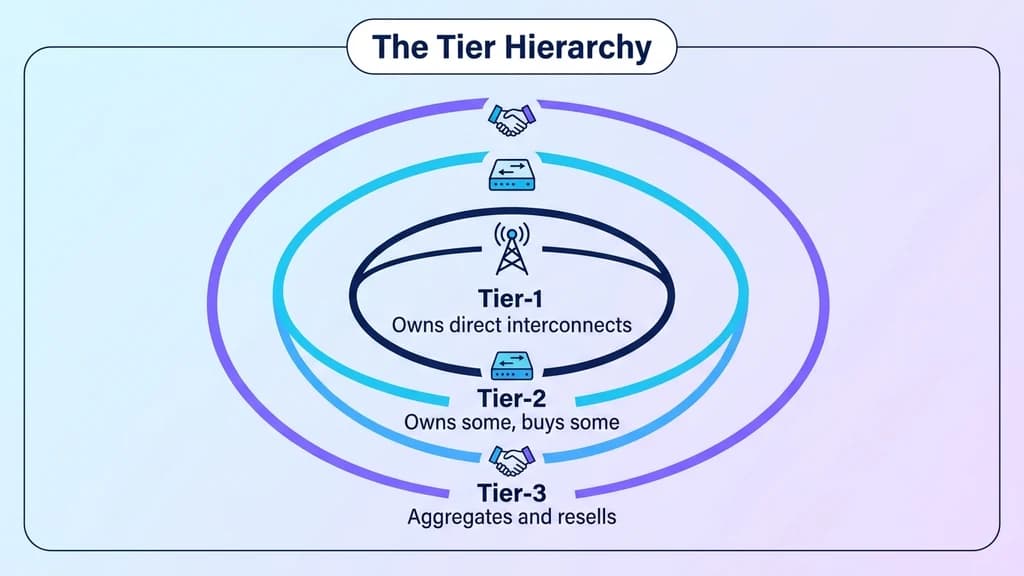 Tier-1, Tier-2, and Tier-3 wholesale carriers shown as concentric layers, from direct network ownership to reseller aggregation