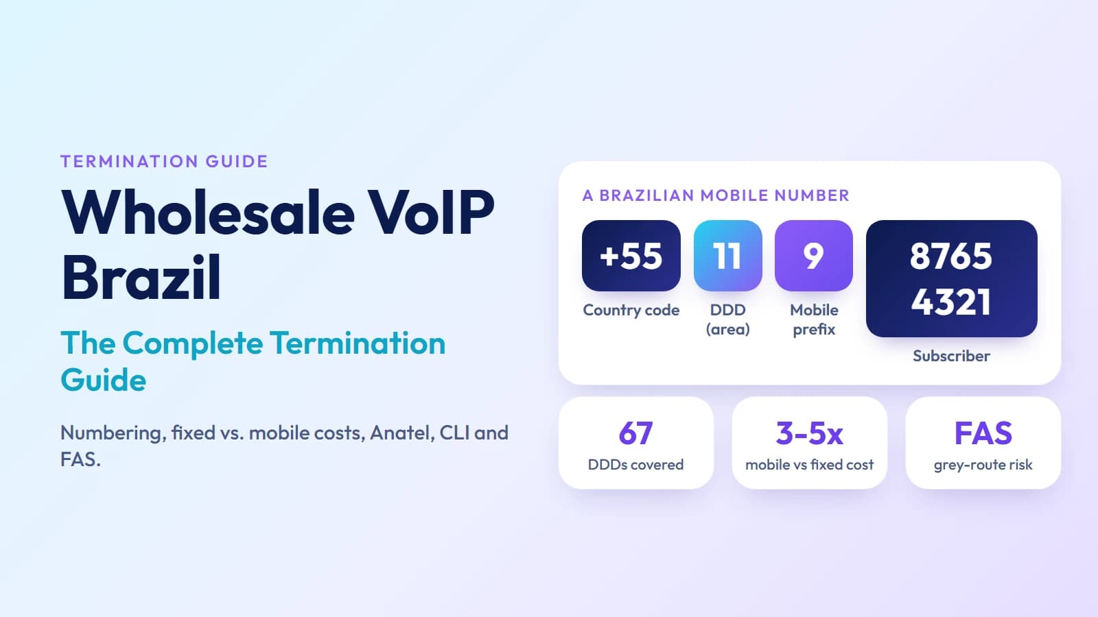 Wholesale VoIP Brazil termination guide: a Brazilian mobile number broken into country code, DDD, mobile prefix and subscriber number