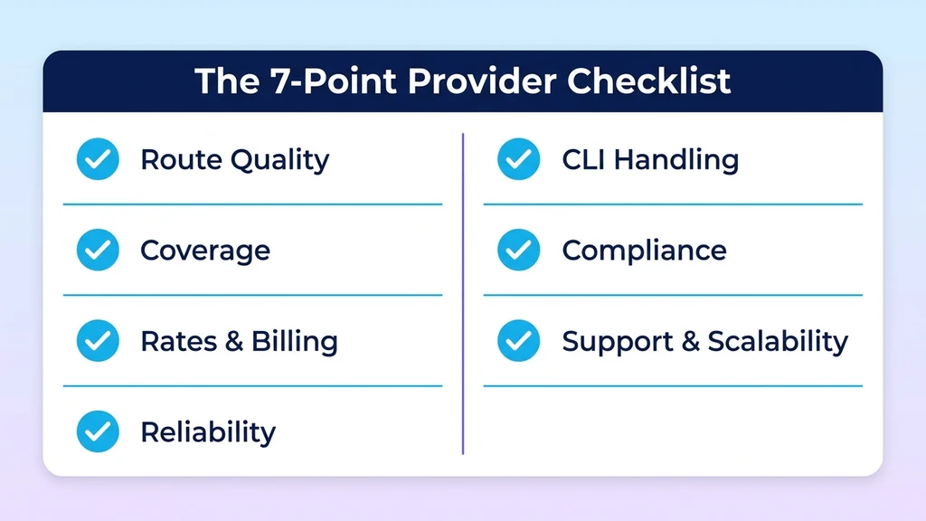 Seven-point checklist for evaluating wholesale VoIP providers: route quality, coverage, rates, reliability, compliance, support, and scalability