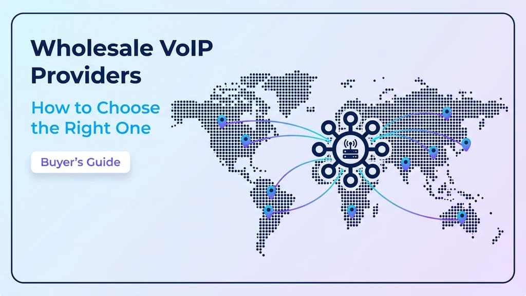 Wholesale VoIP providers buyer's guide showing a carrier network with routes fanning out to destinations worldwide