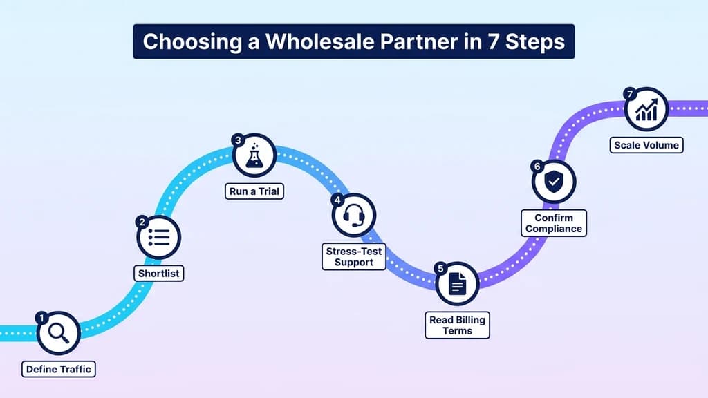 Seven-step process for selecting a wholesale VoIP partner, from defining traffic to scaling volume after a paid trial