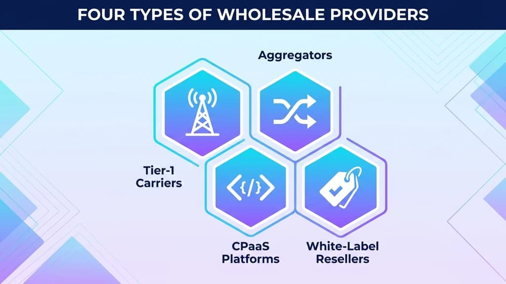 Four types of wholesale VoIP providers: Tier-1 carriers, switch-based aggregators, CPaaS platforms, and white-label reseller-enablement providers