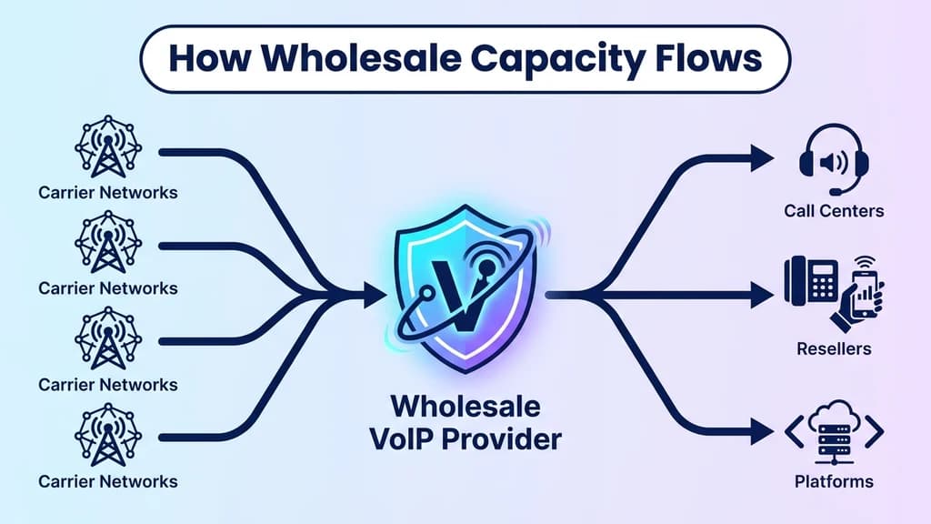 Wholesale VoIP provider aggregating carrier capacity and reselling it as termination and origination to resellers, call centers, and platforms