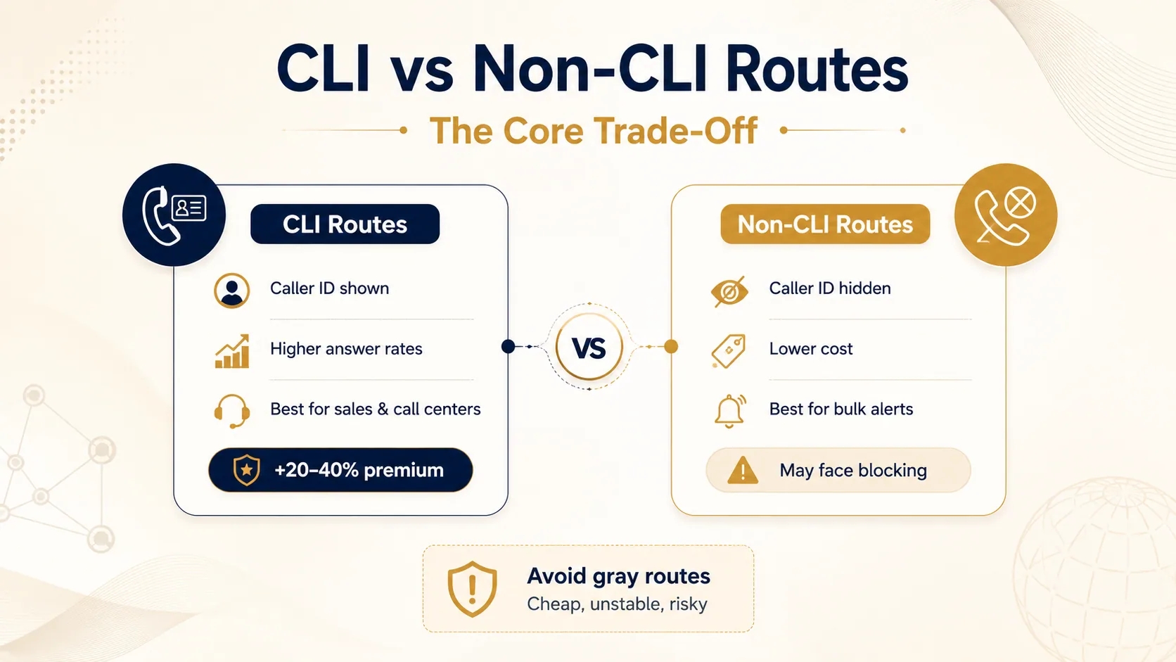 Comparison of CLI versus non-CLI routes showing caller ID, cost, and use-case trade-offs