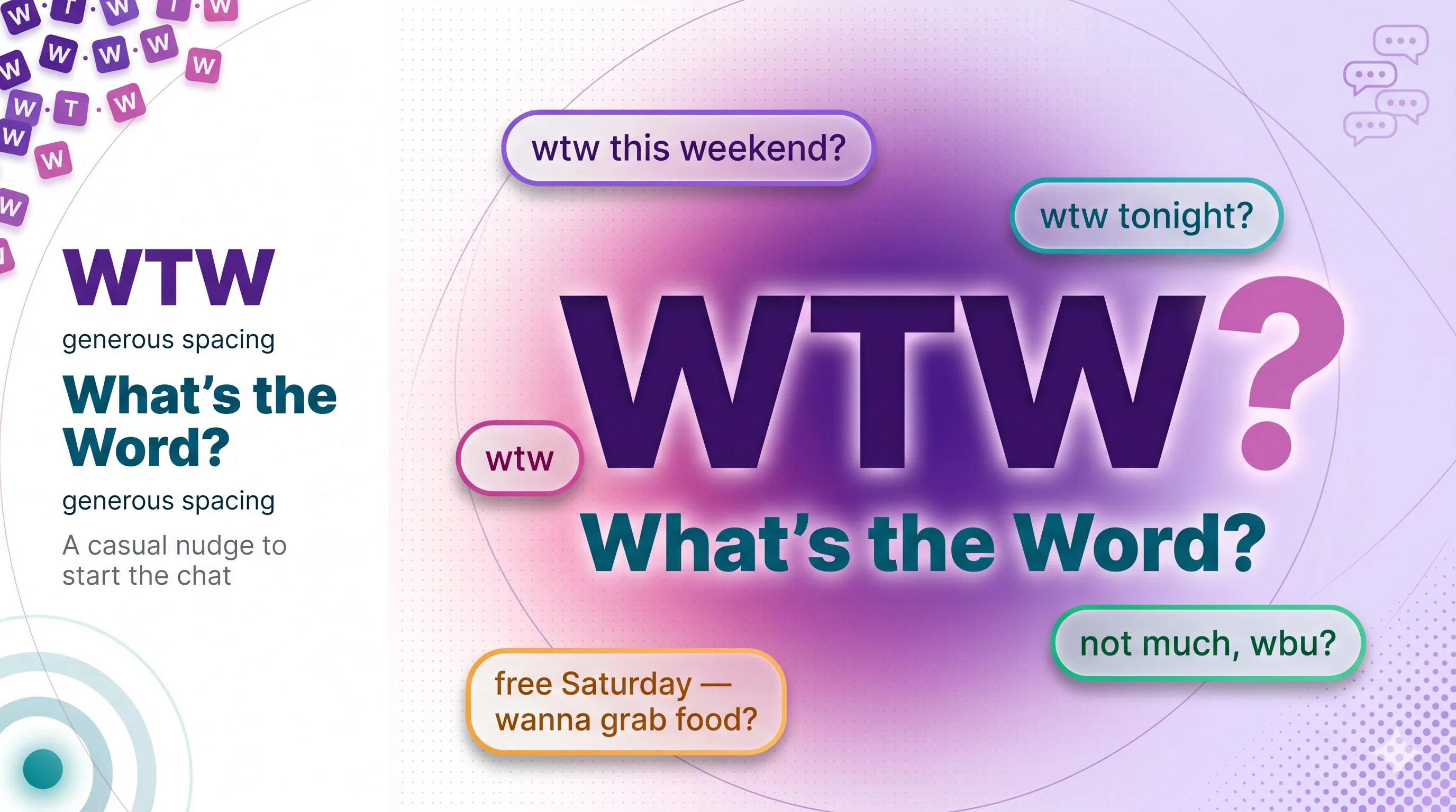 WTW overview card showing the abbreviation means What's the Word, a casual nudge to start the chat