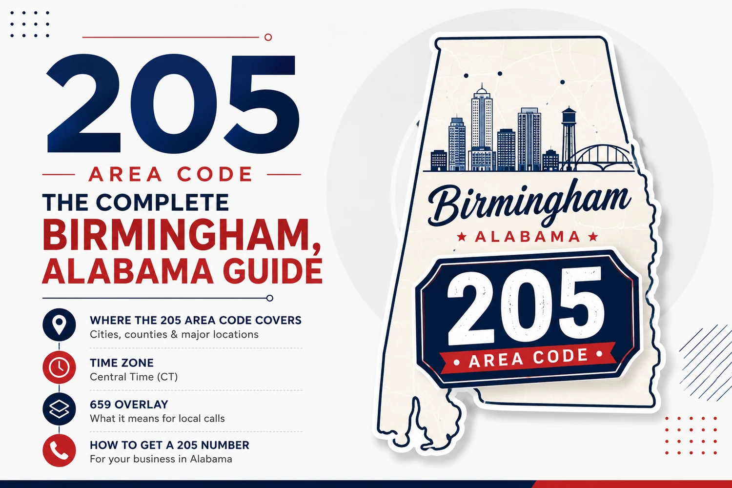 The 205 Area Code — The Complete Birmingham, Alabama Guide. Vintage Alabama state outline with Birmingham skyline illustration and a navy + crimson '205 AREA CODE' ticket badge. Where the 205 Area Code Covers · Time Zone Central Time CT · 659 Overlay · How to Get a 205 Number for your business in Alabama.