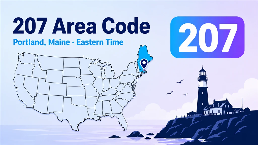 207 area code infographic showing a stylised map of Maine highlighting Portland, Lewiston, Bangor and Augusta with a lighthouse on the coast