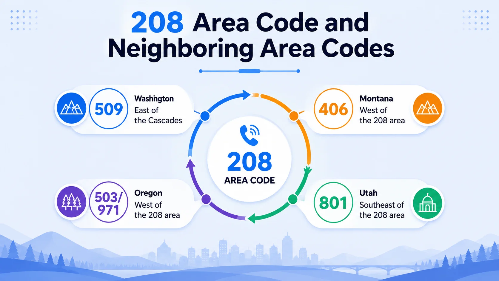 208 Area Code and Neighboring Area Codes — circular diagram showing 208 in the center surrounded by four neighboring codes: 509 Washington (East of the Cascades), 406 Montana (West of the 208 area), 503/971 Oregon (West of the 208 area), 801 Utah (Southeast of the 208 area). Idaho mountain and city skyline background.