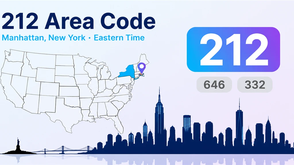 212 area code infographic showing Manhattan island on a stylised NYC map with the skyline, a 212 badge, and the 646 and 332 overlay codes