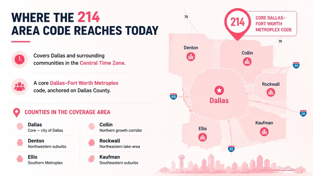 Where the 214 area code reaches today across the Dallas–Fort Worth Metroplex