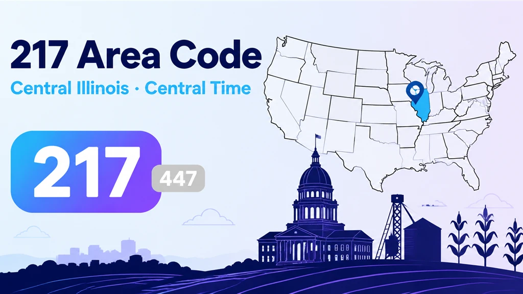 217 area code infographic showing central Illinois on a stylised map with Springfield, Champaign and Decatur, the state capitol dome, and the new 447 overlay