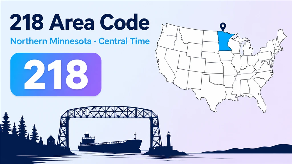218 area code infographic showing Duluth's Aerial Lift Bridge and an ore boat on Lake Superior with a stylised map of northern Minnesota and a 218 badge