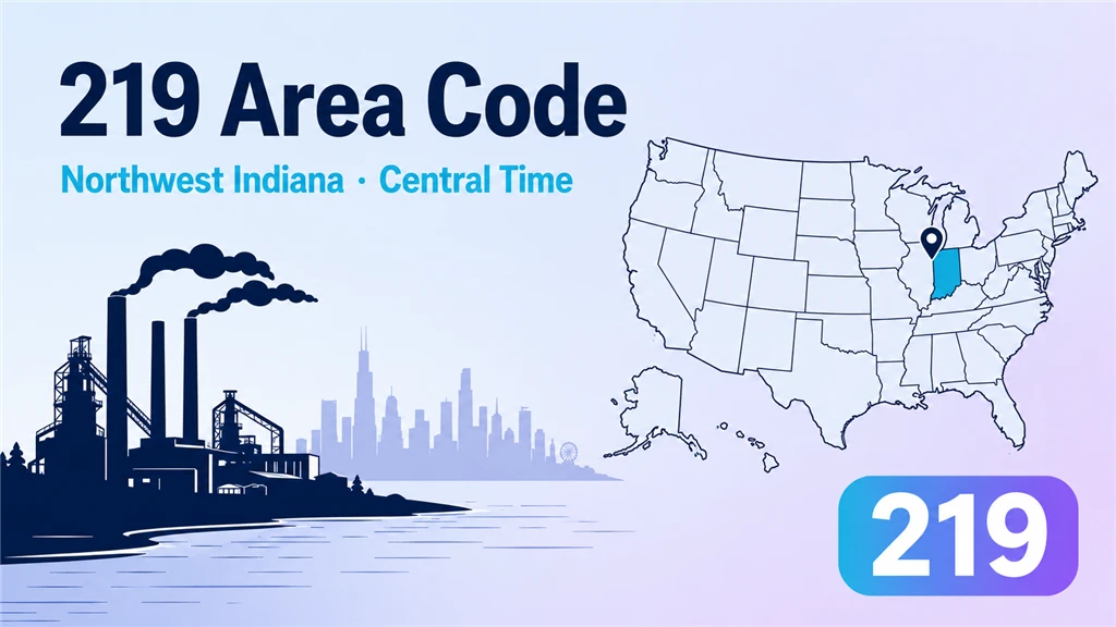219 area code infographic showing a steel mill on Lake Michigan with the Chicago skyline across the water, a stylised Northwest Indiana map, and a 219 badge