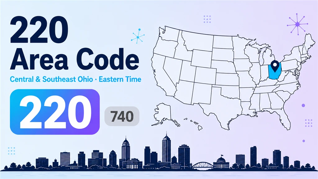 220 area code infographic showing a stylised central Ohio map ringing Columbus, with 220 and 740 badges marking the overlay and an Eastern Time label