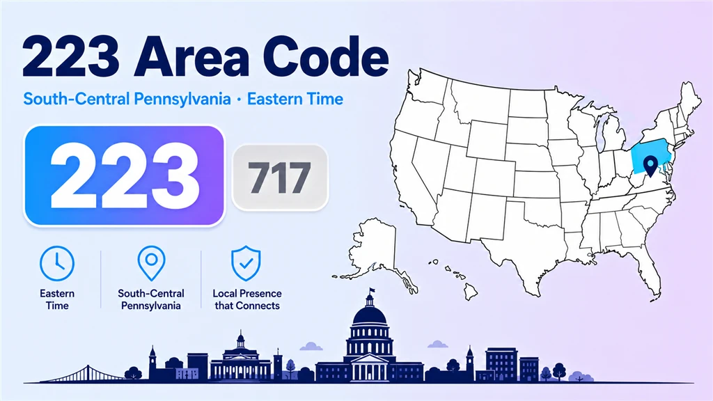 223 area code infographic showing a stylised south-central Pennsylvania map around Harrisburg and Lancaster, with 223 and 717 badges and an Eastern Time label