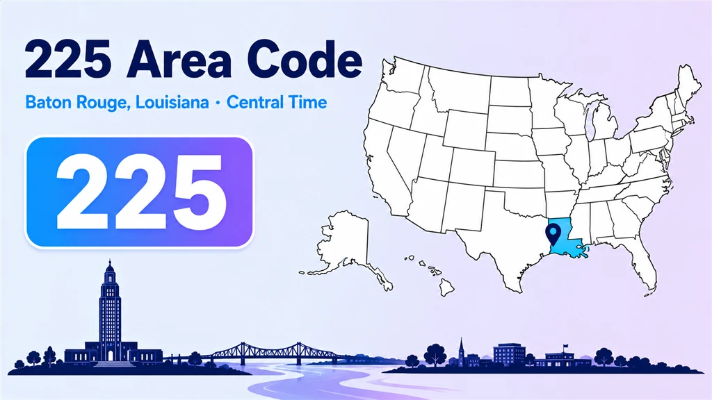 225 area code infographic showing a stylised Louisiana map around Baton Rouge and the Mississippi River parishes, with a 225 badge and a Central Time label