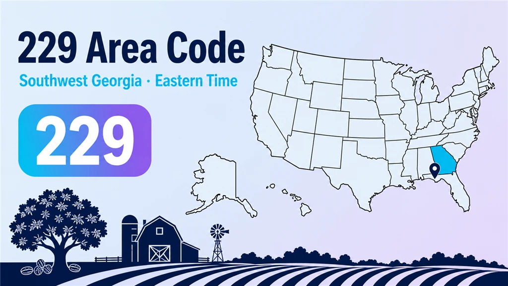229 area code infographic showing a stylised southwest Georgia map around Albany and Valdosta with farm-country fields and a 229 badge on an Eastern Time label