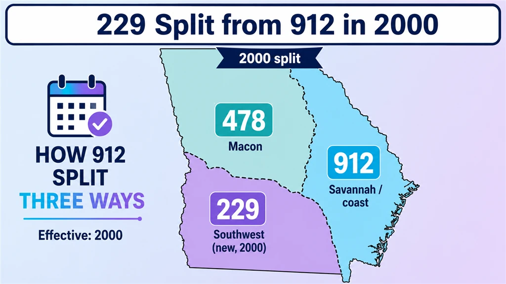 how 229 split from the 912 area code
