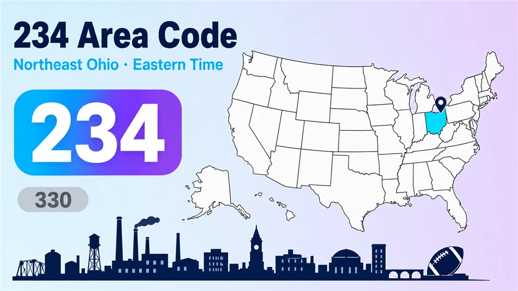 Infographic with a US map highlighting Ohio, a pin on northeast Ohio, the Akron skyline, and 234 and 330 area-code badges