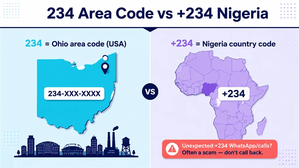 Side-by-side panels comparing the Ohio 234 area code with the +234 Nigeria country code