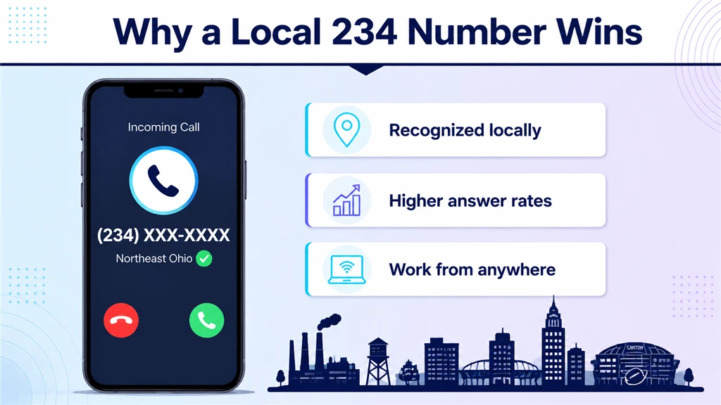 Smartphone showing a verified local 234 call beside local-trust benefit labels