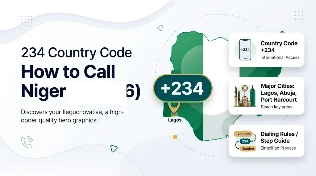 234 Country Code — How to Call Nigeria (2026). Nigerian map with green flag colors and Lagos pin. Big +234 badge. Feature cards: Country Code +234 International Access, Major Cities Lagos Abuja Port Harcourt, Dialing Rules / Step Guide.