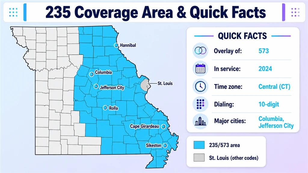 Map of eastern Missouri shading the 235 and 573 region beside a quick-facts panel