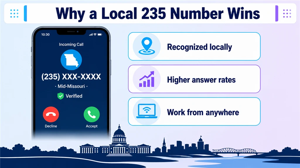 Smartphone showing a verified local 235 call beside local-trust benefit labels