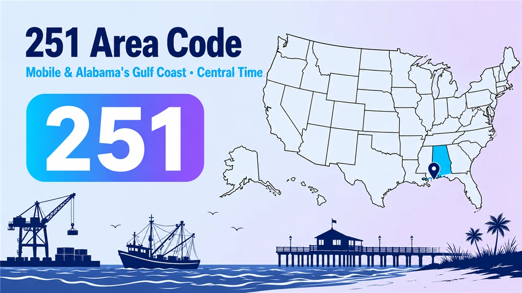 Infographic with a US map highlighting Alabama, a pin on Mobile, a Gulf-coast port and pier, and a 251 area-code badge
