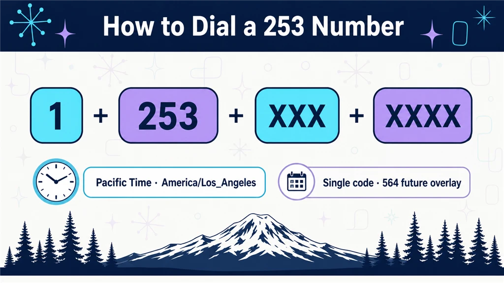 Dialing-format breakdown of 1, 253 and a masked number beside a Pacific Time clock