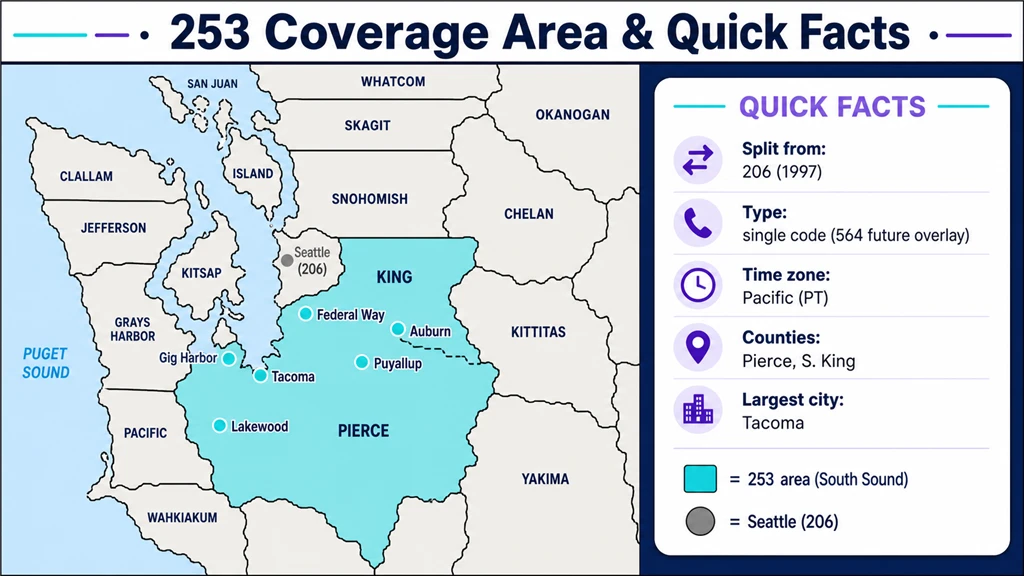 Map of the Puget Sound shading the 253 South Sound region beside a quick-facts panel