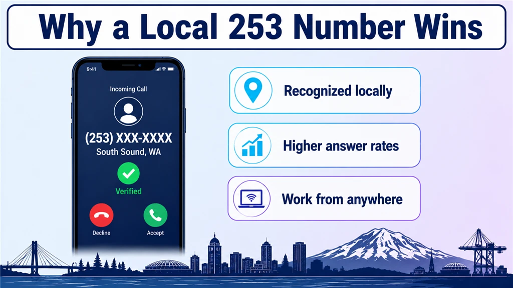Smartphone showing a verified local 253 call beside local-trust benefit labels