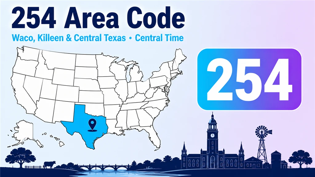 Infographic with a US map highlighting Texas, a pin on central Texas, a clock tower and windmill, and a 254 badge