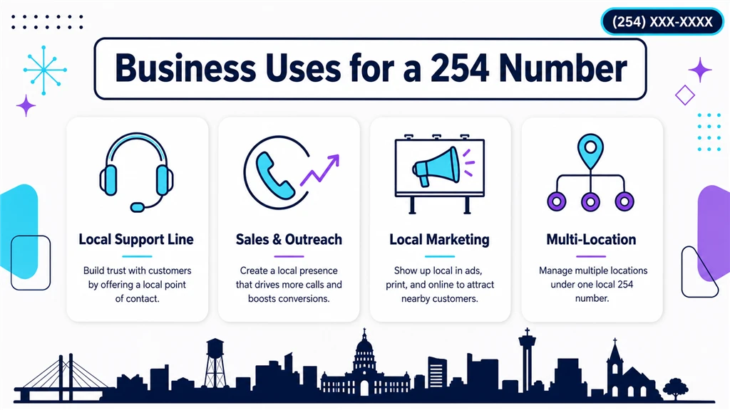 Four cards showing 254 uses: support line, sales, marketing and multi-location