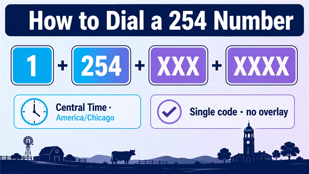 Dialing-format breakdown of 1, 254 and a masked number beside a Central Time clock