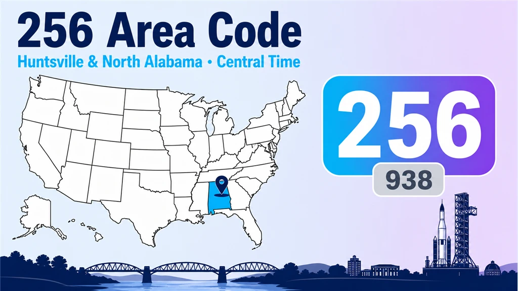 Infographic with a US map highlighting Alabama, a pin on Huntsville, a rocket, and 256 and 938 area-code badges