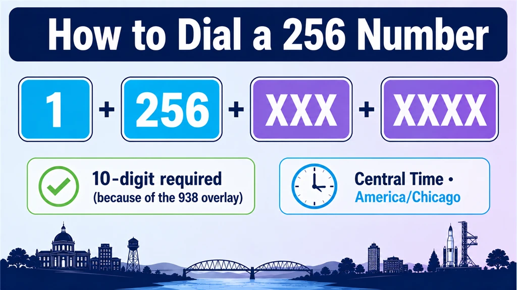 Dialing-format breakdown of 1, 256 and a masked number with a 10-digit note and clock