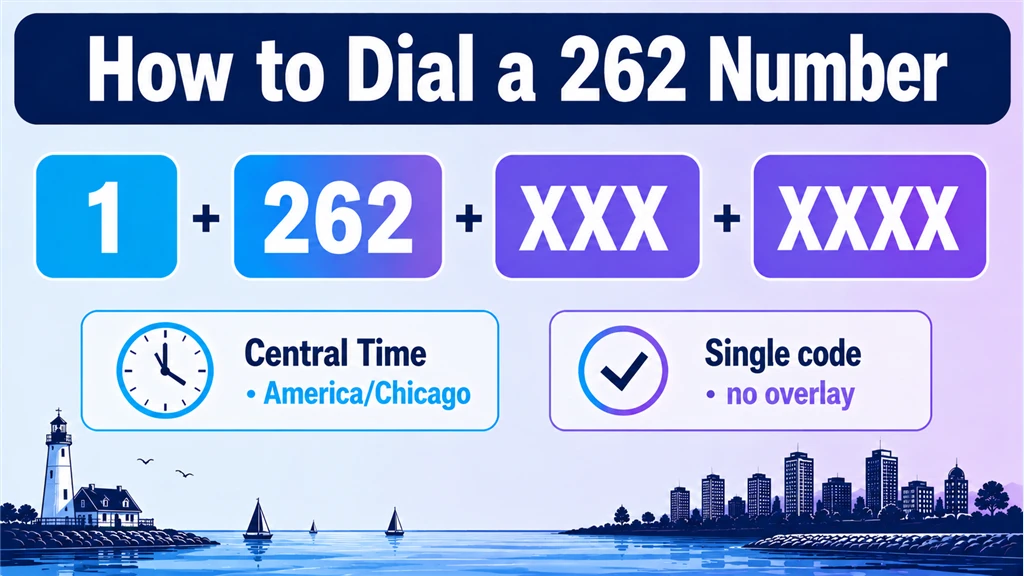 Dialing-format breakdown of 1, 262 and a masked number beside a Central Time clock
