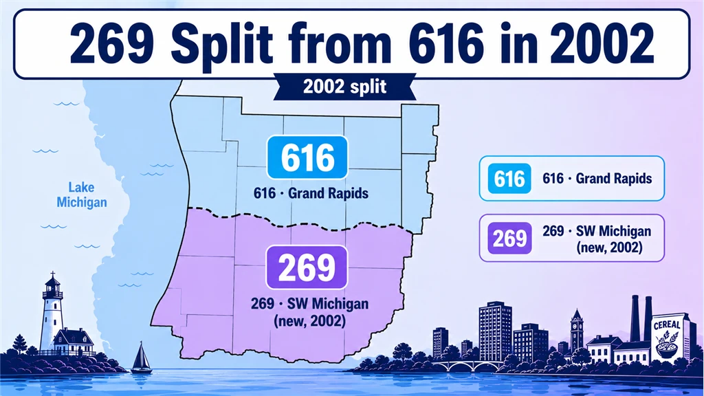 Diagram of Michigan 616 splitting into Grand Rapids 616 and the new 269 in 2002