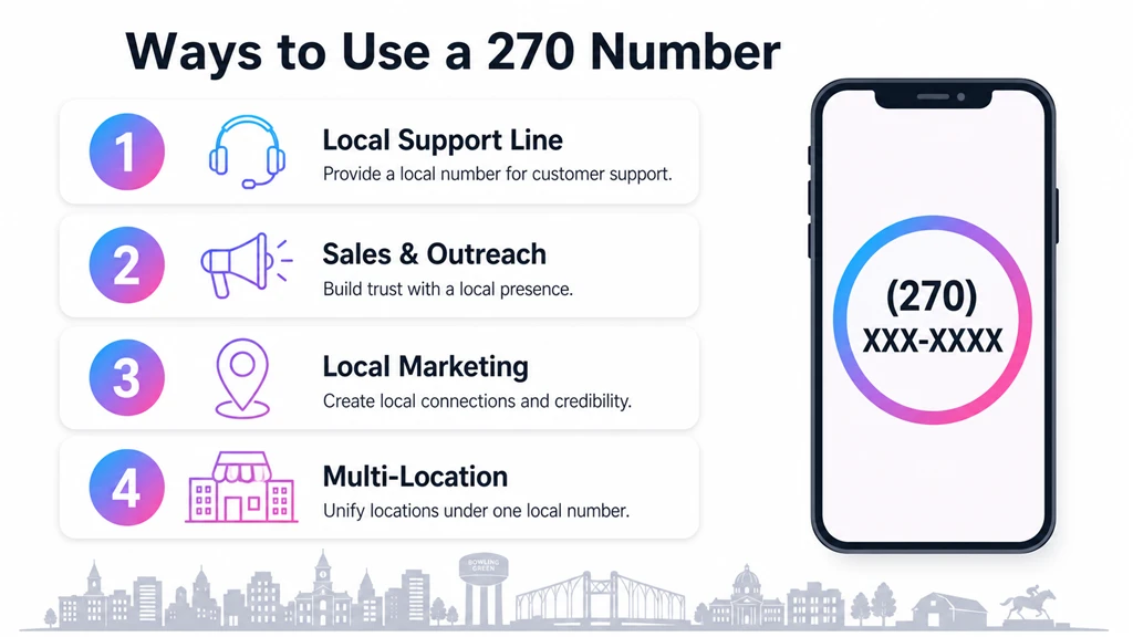 Numbered list of four 270 uses beside a phone showing a masked local number
