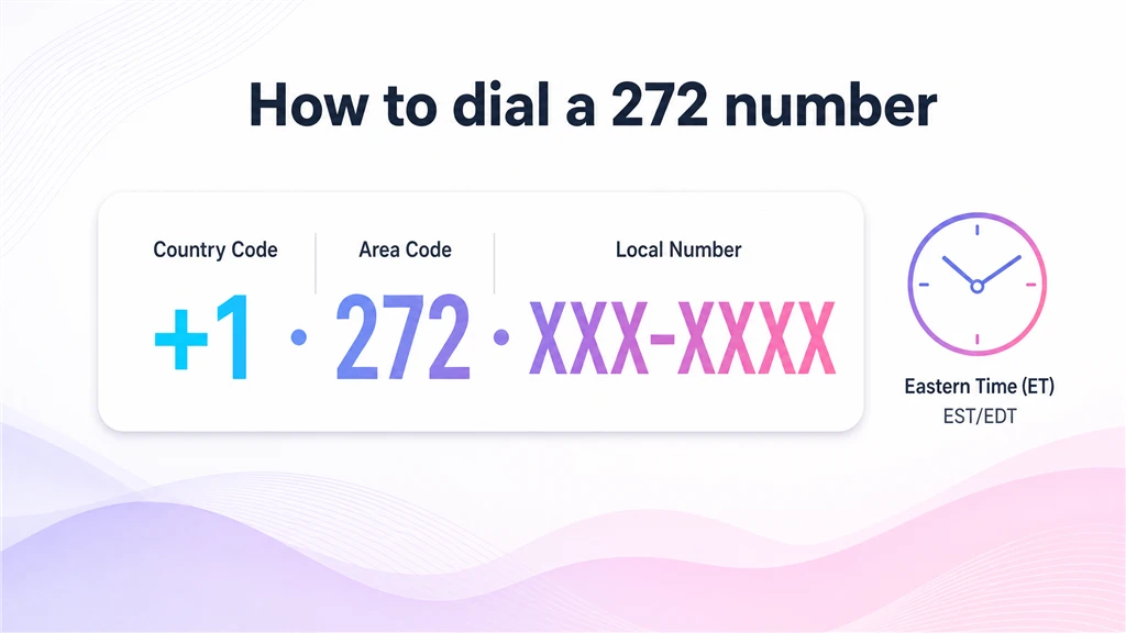 Enlarged dialing-format card for 1, 272 and a masked number beside an Eastern Time clock
