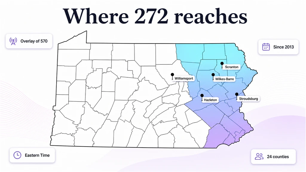 Map of Pennsylvania shading the northeastern 272 and 570 region with floating fact tags