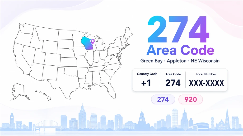 Infographic with a US map highlighting Wisconsin, a pin on the northeast, a dialing-format box, and 274 and 920 badges