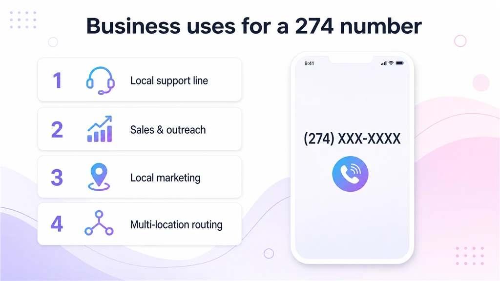 Numbered list of four 274 uses beside a phone showing a masked local number